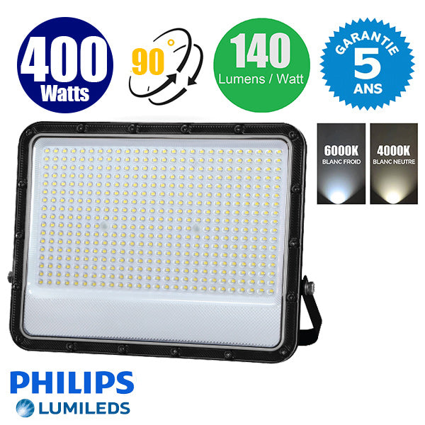 Projecteur LED filaire - Série PERLE V3 - 400 Watts - 56 000 Lumens - 140 Lumens/watt - Angle 90° - IP65 - 54 x 46 x 6 cm - Puce LED LUMILEDS - Câble 1 mètre - 6000k / 4000k au choix -  Garantie 5 ans