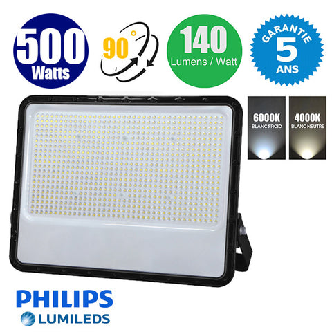 Projecteur LED filaire - Série PERLE V3 - 500 Watts - 70 000 Lumens - 140 Lumens/watt - Angle 90° - IP65 - 54 x 46 x 6 cm - Puce LED LUMILEDS - Câble 1 mètre - 6000k / 4000k au choix -  Garantie 5 ans