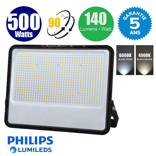 Projecteur LED filaire - Série PERLE V3 - 500 Watts - 70 000 Lumens - 140 Lumens/watt - Angle 90° - IP65 - 54 x 46 x 6 cm - Puce LED LUMILEDS - Câble 1 mètre - 6000k / 4000k au choix -  Garantie 5 ans