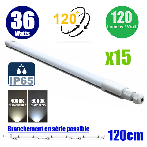 Pack de 15x Réglettes LED connectables 120 cm - Série EASY LINK SLIM - 36 Watts - 4500 Lumens - 125 Lumens/watt - IP65 - Angle 120° - 125 x 4 x 3 cm - 4000k / 6000k au choix