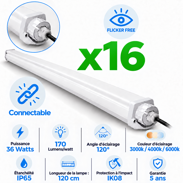 Pack de 16x Réglettes LED étanches - Série TR170 - Ultra Haute Performance - 36 Watts - Connectable - 6120 Lumens - 170 Lumens/Watt - 120cm - Angle 120° - IP65 - IK08 - 121 x 7 x 6 cm - Flicker Free - 3000K/4000K/6000K - Garantie 5 ans
