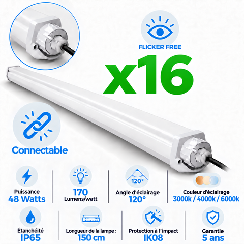 Pack de 16x Réglettes LED étanches - Série TR170 - Ultra Haute Performance - 48 Watts - Connectable - 8160 Lumens - 170 Lumens/Watt - 150cm - Angle 120° - IP65 - Protection à l'impact IK08 - 151 x 7 x 6 cm - 3000K/4000K/6000K - Garantie 5 ans