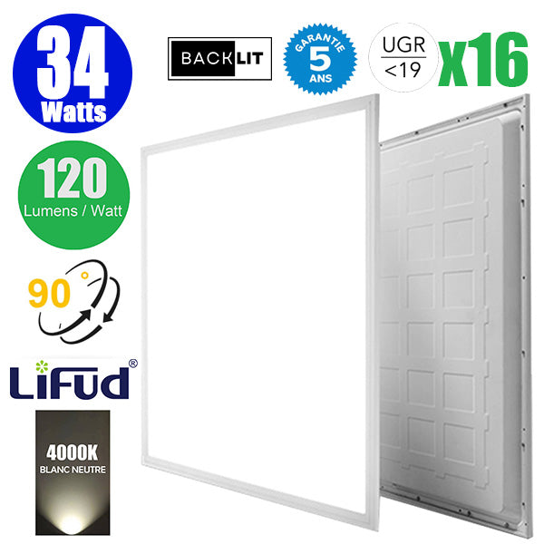 Pack de 16x Dalles LED - Dernière génération - BACKLIT - 60 x 60 cm - Série AMBITION V2 – Puissance 34 Watts - 4080 Lumens - 120 Lumens/Watt - Angle 90° - IP20 - IK02 - Transformateur LIFUD - UGR <19 - 4000K - Garantie 5 ans