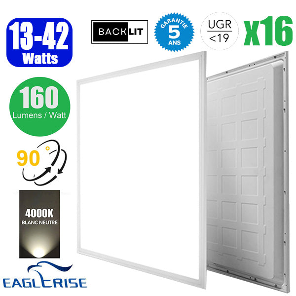 Pack de 16x Dalles LED - Dernière génération - BACKLIT - 60 x 60 cm - Série AMBITION V2 – Puissance ajustable 13 à 42 Watts - Jusqu'à 6700 Lumens - 160 Lumens/Watt - Angle 90° - IP20 - IK02 - Transformateur EAGLERISE - UGR <19 - 4000K - Garantie 5 ans