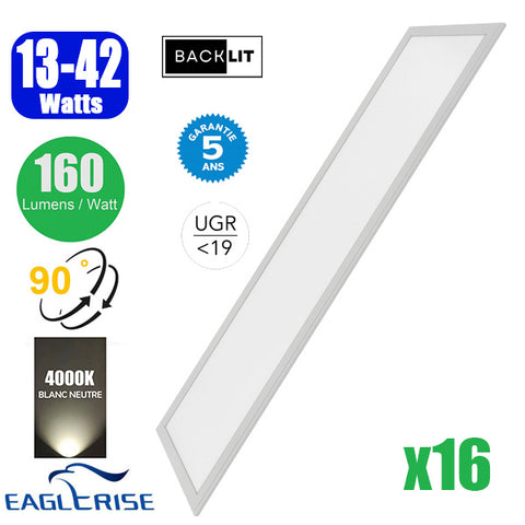 Pack de 16x Dalles LED - Dernière génération - BACKLIT - 30 x 120 cm - Série AMBITION V2 – Puissance ajustable 13 à 42 Watts - Jusqu'à 6700 Lumens - 160 Lumens/Watt - Angle 90° - IP20 - IK02 - Transformateur EAGLERISE - UGR <19 - 4000K - Garantie 5 ans