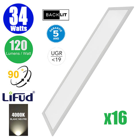 Pack de 16x Dalles LED - Dernière génération - BACKLIT - 30 x 120 cm - Série AMBITION V2 – Puissance 34 Watts - 4080 Lumens - 120 Lumens/Watt - Angle 90° - IP20 - IK02 - Transformateur LIFUD - UGR <19 - 4000K - Garantie 5 ans