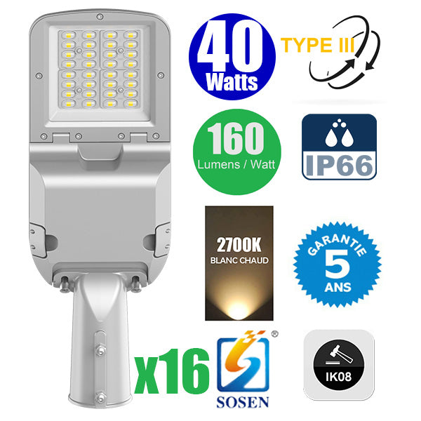 Pack de 16x Lampadaires LED Filaires Rotatifs - Série FLEX EVO - 40 Watts - 6400 Lumens - 160 Lumens/Watt - Angle TPIII - IP66 - IK08 - 49 x 17 x 10 cm - 2700k - Transformateur SOSEN - Tube d'insertion 60mm - Garantie 5 ans