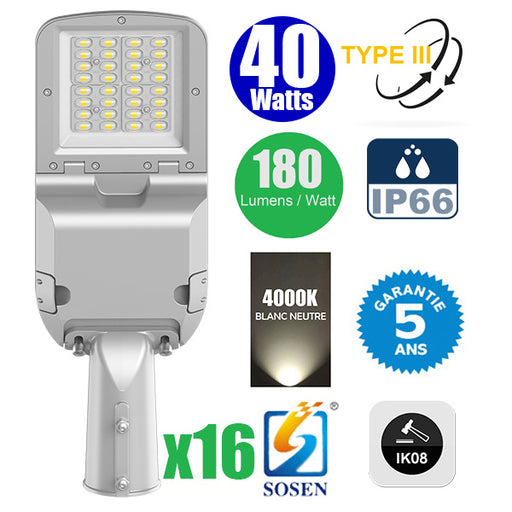 Pack de 16x Lampadaires LED Filaires Rotatifs - Série FLEX EVO - 40 Watts - 7200 Lumens - 180 Lumens/Watt - Angle TPIII - IP66 - IK08 - 49 x 17 x 10 cm - 4000k - Transformateur SOSEN - Tube d'insertion 60mm - Garantie 5 ans