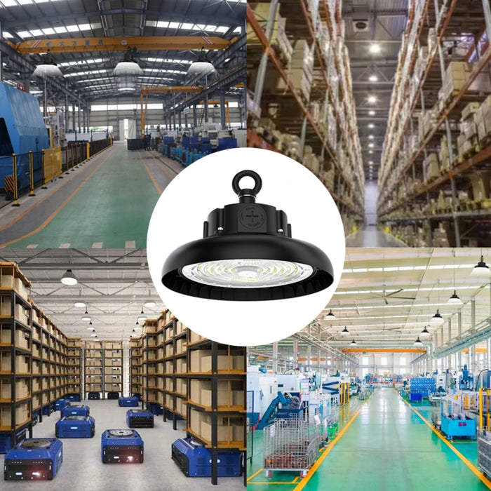 Lampe industrielle UFO - Série CROSSOVER V3 - Puissance ajustable 120 / 150 / 200 Watts  - 40 000 Lumens - 200 Lumens/Watt - Angle 90° - IP65 - IK09 - 340 x 110 mm - 4000k / 5000k / 6000k au choix - Dimmable 1-10V - Transformateur PHILIPS - Garantie 5 ans