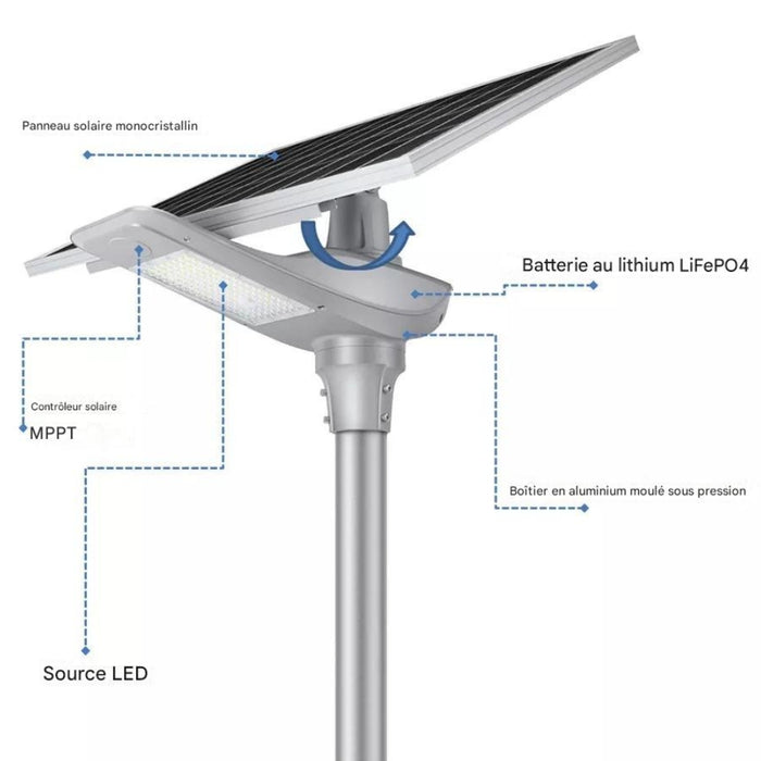 Lampe de rue solaire - Série OPIUM - 5 100 Lumens - 30 Watts - Couleur 6500K - Angle 150x70°- IP65 - Structure Aluminium - 720 x 310 x 320 mm - Tube d'insertion 76mm -Régulateur MPPT - Garantie 3 ans