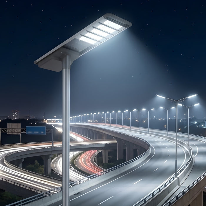 Lampe de rue solaire - Série HORIZON - 32 000 Lumens - 200 Watts - Couleur 6500K - Angle 150x70° - IP65 - Structure Aluminium - 1760x670x135 mm - Tube d'insertion 76mm - Régulateur MPPT - Garantie 3 ans