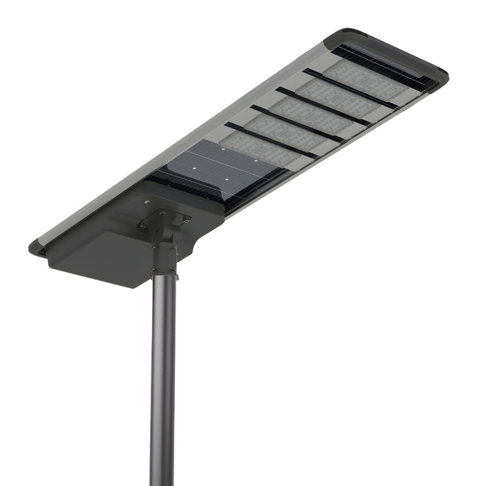 Lampe de rue solaire - Série HORIZON - 32 000 Lumens - 200 Watts - Couleur 6500K - Angle 150x70° - IP65 - Structure Aluminium - 1760x670x135 mm - Tube d'insertion 76mm - Régulateur MPPT - Garantie 3 ans