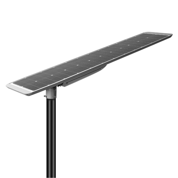 Lampe de rue solaire - Série STREET V3 - 24 000 - Lumens - 120 Watts - Structure Aluminium - Dimensions 2006 x 408 x 150 mm - Panneau solaire 150W MONOCRISTALLIN - Autonomie 12 heures - Garantie 3 ans