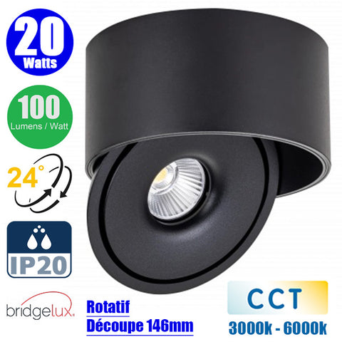 Spot LED COB encastrable intérieur Rond - Filaire - CCT (Couleur Changeante en Température) - 20 Watts - 2000 Lumens - 100 Lumens/Watt - Angle 24° - IP20 -  Dimensions 147 x 75 mm - Découpe 146 mm - Rotatif - Modèle NOIR