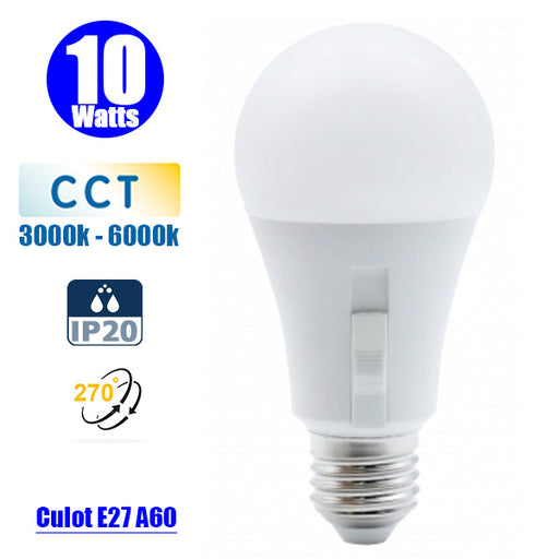 Ampoule LED E27 A60 CCT (Couleur Changeante en Température) séléctionable - Filaire - 10 Watts - 1000 Lumens - 100 Lumens/Watt - IP20 - Angle 270° - 150 х 60 mm