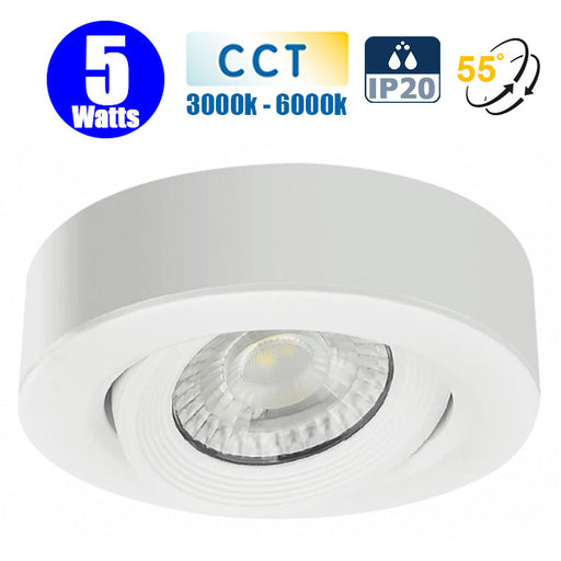 Spot LED encastrable en saillie CCT (Couleur Changeante en Température) sélectionnable - Filaire - 5 Watts - 500 Lumens - 100 Lumens/Watt - IP20 - Angle 55° - 92 x 30 mm