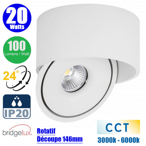 Spot LED COB encastrable intérieur Rond - Filaire - CCT (Couleur Changeante en Température) - 20 Watts - 2000 Lumens - 100 Lumens/Watt - Angle 24° - IP20 -  Dimensions 147 x 75 mm - Découpe 146 mm - Rotatif - Modèle BLANC