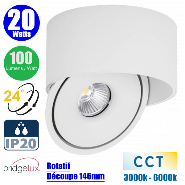 Spot LED COB encastrable intérieur Rond - Filaire - CCT (Couleur Changeante en Température) - 20 Watts - 2000 Lumens - 100 Lumens/Watt - Angle 24° - IP20 -  Dimensions 147 x 75 mm - Découpe 146 mm - Rotatif - Modèle BLANC