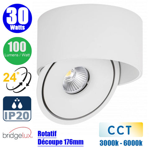Spot LED COB encastrable intérieur Rond - Filaire - CCT (Couleur Changeante en Température) - 30 Watts - 3000 Lumens - 100 Lumens/Watt - Angle 24° - IP20 -  Dimensions 167 x 87 mm - Découpe 176mm - Rotatif - Modèle BLANC