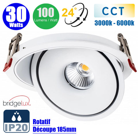 Spot LED COB encastrable intérieur Rond - Filaire - CCT (Couleur Changeante en Température) - 30 Watts - 3000 Lumens - 100 Lumens/Watt - Angle 24° - IP20 -  Dimensions 200 x 55 mm - Découpe 185 mm - Rotatif - Modèle BLANC