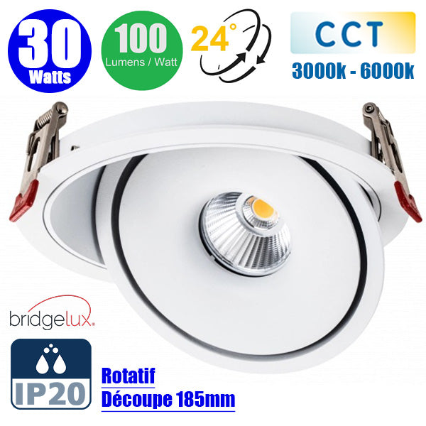 Spot LED COB encastrable intérieur Rond - Filaire - CCT (Couleur Changeante en Température) - 30 Watts - 3000 Lumens - 100 Lumens/Watt - Angle 24° - IP20 -  Dimensions 200 x 55 mm - Découpe 185 mm - Rotatif - Modèle BLANC