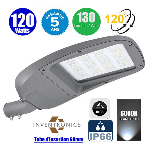 Lampe de rue filaire - Série JPR - 120 Watts - 15 600 Lumens - 130 Lumens/Watt - Angle 120° - IP66 - IK08 - 68 x 30 x 18 cm - Tube d'insertion 60mm - Support ajustable - 6000K - Couleur GRIS - Transformateur INVENTRONICS - Garantie 5 ans