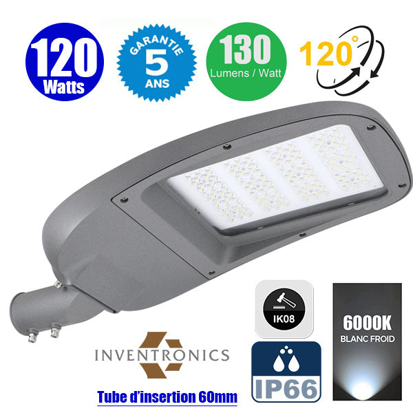 Lampe de rue filaire - Série JPR - 120 Watts - 15 600 Lumens - 130 Lumens/Watt - Angle 120° - IP66 - IK08 - 68 x 30 x 18 cm - Tube d'insertion 60mm - Support ajustable - 6000K - Couleur GRIS - Transformateur INVENTRONICS - Garantie 5 ans
