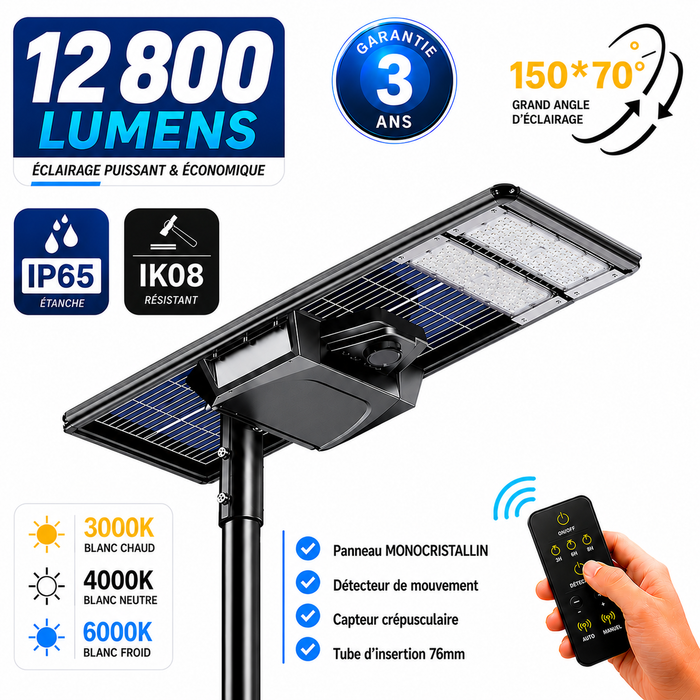Lampe de rue solaire - Série STARSHIP ELITE - 12 800 Lumens - Angle 150x70° - IP65 - 139 x 45 x 9 cm - 3000k/4000k/6000k au choix - Structure ALUMINIUM - Tube d'insertion 76mm - Régulateur MPPT - Détecteur de mouvement - Télécommande - Garantie 3 ans