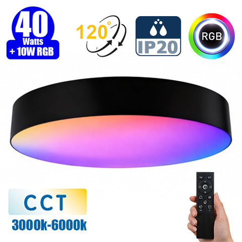 Plafonnier LED Filaire - CCT (Couleur Changeante en Température) et RGB Multicolores - 40 Watts + RGB 10 Watts - 3000 Lumens – 75 Lumens/watt - Angle 120° - IP20 - 49 x 8 cm - Couleur NOIR - Fonction mémoire - Avec télécommande multifonctions