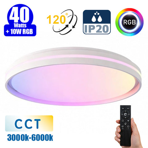Plafonnier LED Filaire - CCT (Couleur Changeante en Température) et RGB Multicolores - 40 Watts + RGB 10 Watts - 3000 Lumens – 75 Lumens/watt - Angle 120° - IP20 - 48 x 9 cm - Couleur  BLANC - Fonction mémoire - Avec télécommande multifonctions