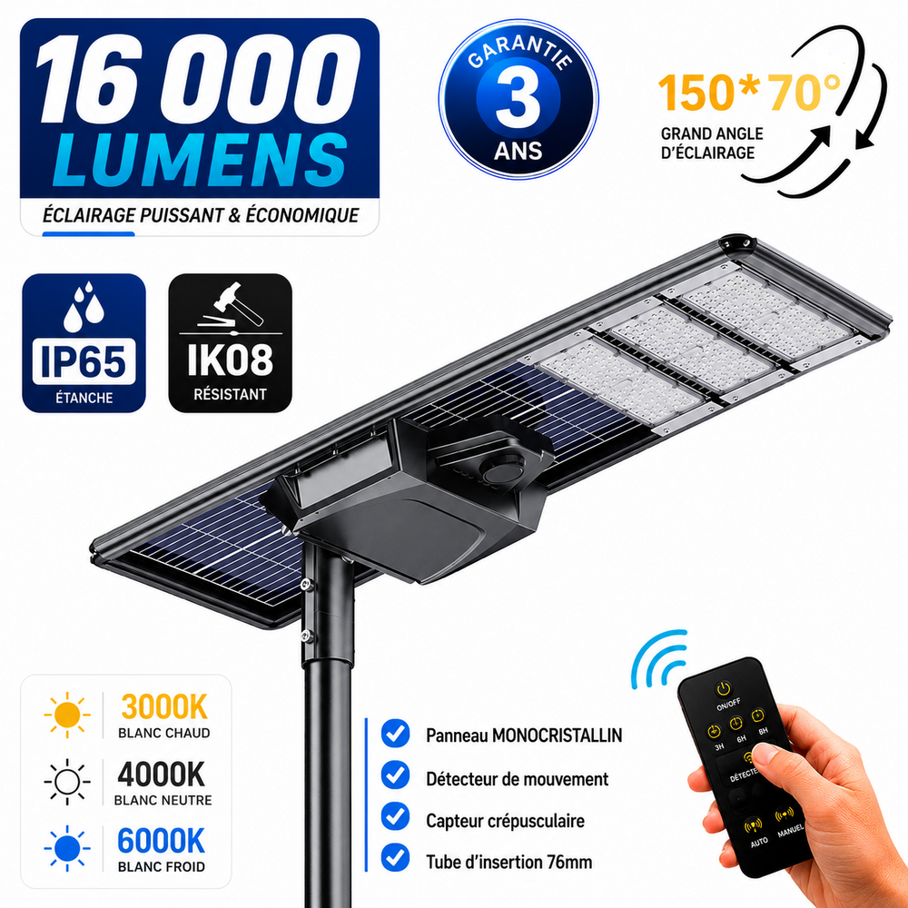 Lampe de rue solaire - Série STARSHIP ELITE - 16 000 Lumens - Angle 150x70° - IP65 - 157 x 45 x 9 cm - 3000k/4000k/6000k au choix - Structure ALUMINIUM - Tube d'insertion 76mm - Régulateur MPPT - Détecteur de mouvement - Télécommande - Garantie 3 ans