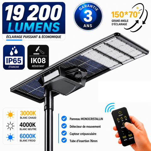 Lampe de rue solaire - Série STARSHIP ELITE - 19 200 Lumens - Angle 150x70° - IP65 - 168 x 45 x 9 cm - 3000k/4000k/6000k au choix - Structure ALUMINIUM - Tube d'insertion 76mm - Régulateur MPPT - Détecteur de mouvement - Télécommande - Garantie 3 ans