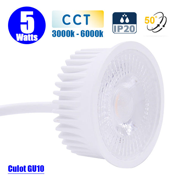 Spot LED GU10 CCT (Couleur Changeante en Température) - Filaire - 5 Watts - 400 Lumens - 80 Lumens/Watt - IP20 - 50° - 50 x 28 mm