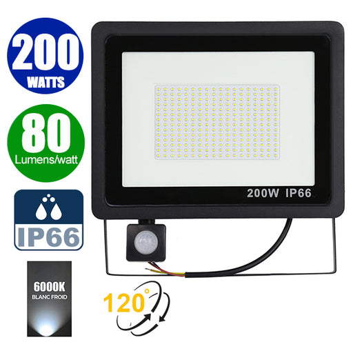 Projecteur LED filaire - Série PAD PIR - 200 Watts - 16 000 Lumens - 80 Lumens/Watt - Angle 120° - IP66 - 38 x 33 x 6 cm - 6000k - Avec détecteur de mouvement Infrarouge