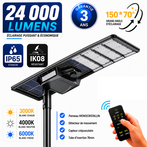 Lampe de rue solaire - Série STARSHIP ELITE - 24 000 Lumens - Angle 150x70° - IP65 - 179 x 45 x 9 cm - 3000k/4000k/6000k au choix - Structure ALUMINIUM - Tube d'insertion 76mm - Régulateur MPPT - Détecteur de mouvement - Télécommande - Garantie 3 ans