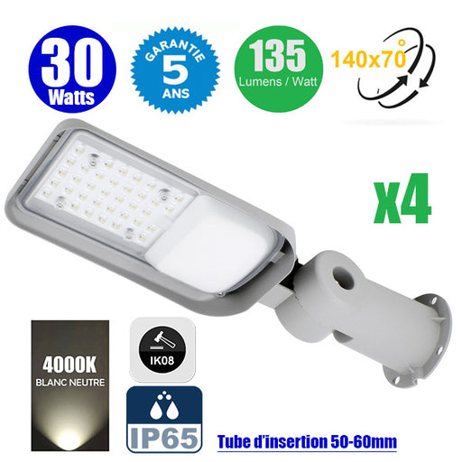 Pack de 4x Lampes de rue filaires - Série FLEX PLUS - 30 Watts - 4050 Lumens - 135 Lumens/Watt - Angle 140*70° - IP65 - IK08 - 42 x 14 x 11 cm - Tube d'insertion 50-60mm - Support ajustable - 4000K - Couleur GRIS - Garantie 5 ans