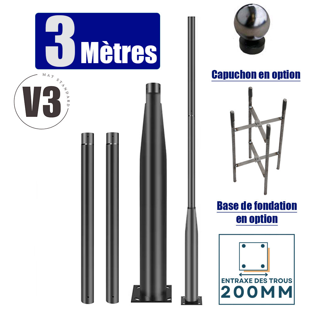 Mât / Poteau pour lampe de rue - Nouveau design - Série STANDARD V3 EVO - 3 mètres - Entraxe latéral des trous 200mm -  Couleur NOIR - Finition épurée - Base de fondation en option - Capuchon en option