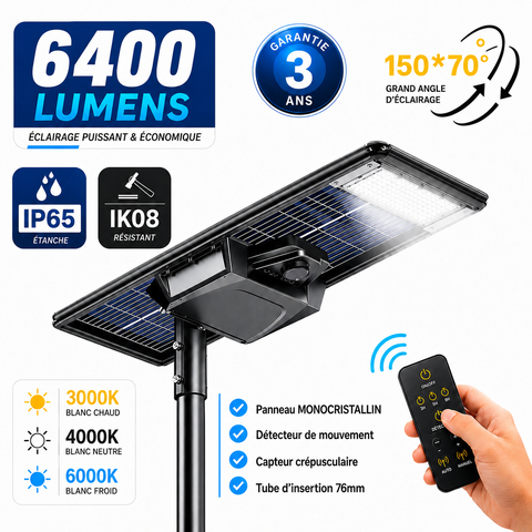 Lampe de rue solaire - Série STARSHIP ELITE - 6400 Lumens - Angle 150x70° - IP65 - 108 x 45 x 9 cm - 3000k/4000k/6000k au choix - Structure ALUMINIUM - Tube d'insertion 76mm - Régulateur MPPT - Détecteur de mouvement - Télécommande - Garantie 3 ans