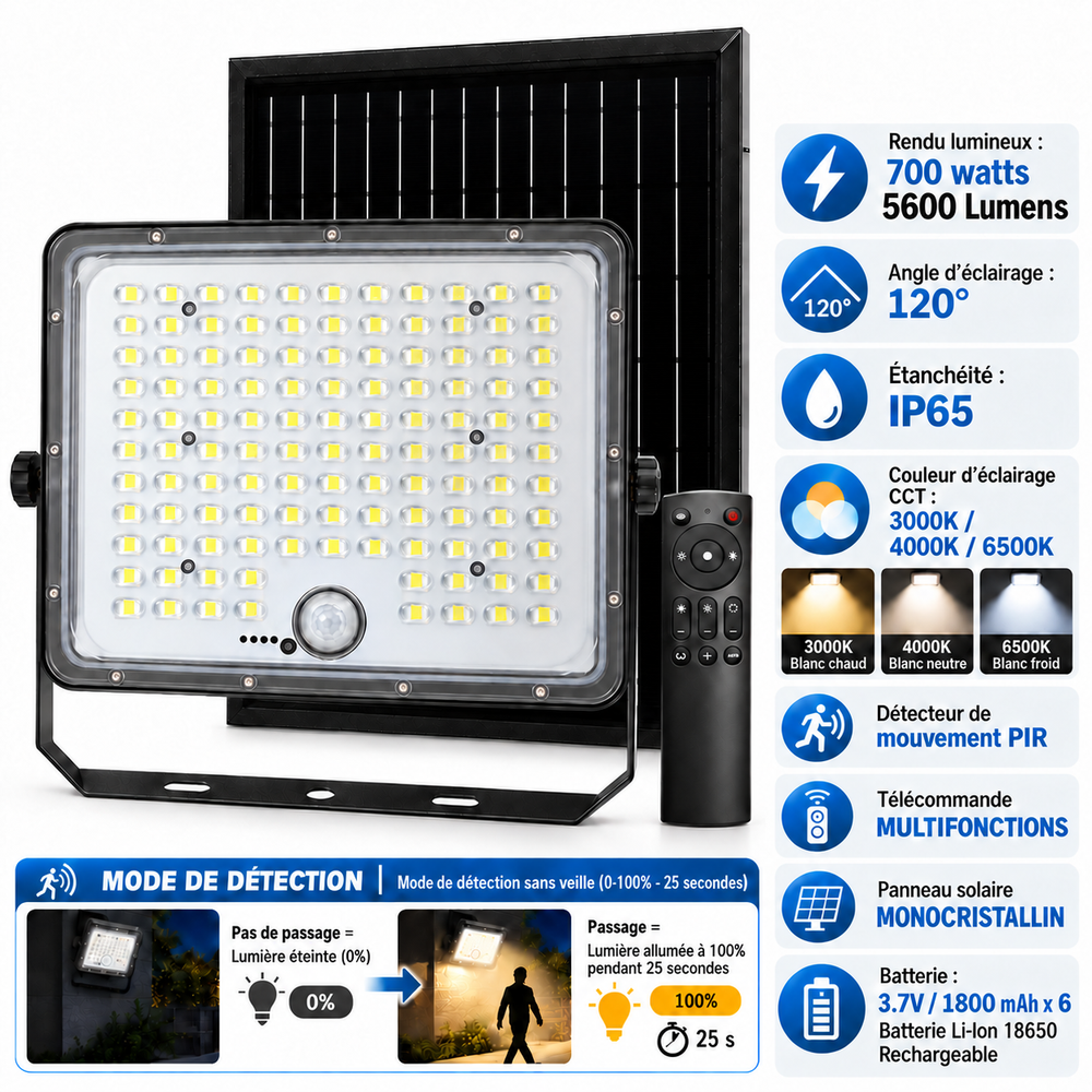 Projecteur LED solaire - Série SECURITY V5 - CCT ( Couleur Changeante en Température) - 700 Watts - 5600 Lumens - IP65 - Angle 120° - 33 x 27 x 8 cm - Panneau solaire MONOCRISTALLIN - Mode de détection sans veille 0-100% - Télécommande Multifonctions