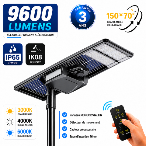 Lampe de rue solaire - Série STARSHIP ELITE - 9600 Lumens - Angle 150x70° - IP65 - 123 x 45 x 9 cm - 3000k/4000k/6000k au choix - Structure ALUMINIUM - Tube d'insertion 76mm - Régulateur MPPT - Détecteur de mouvement - Télécommande - Garantie 3 ans