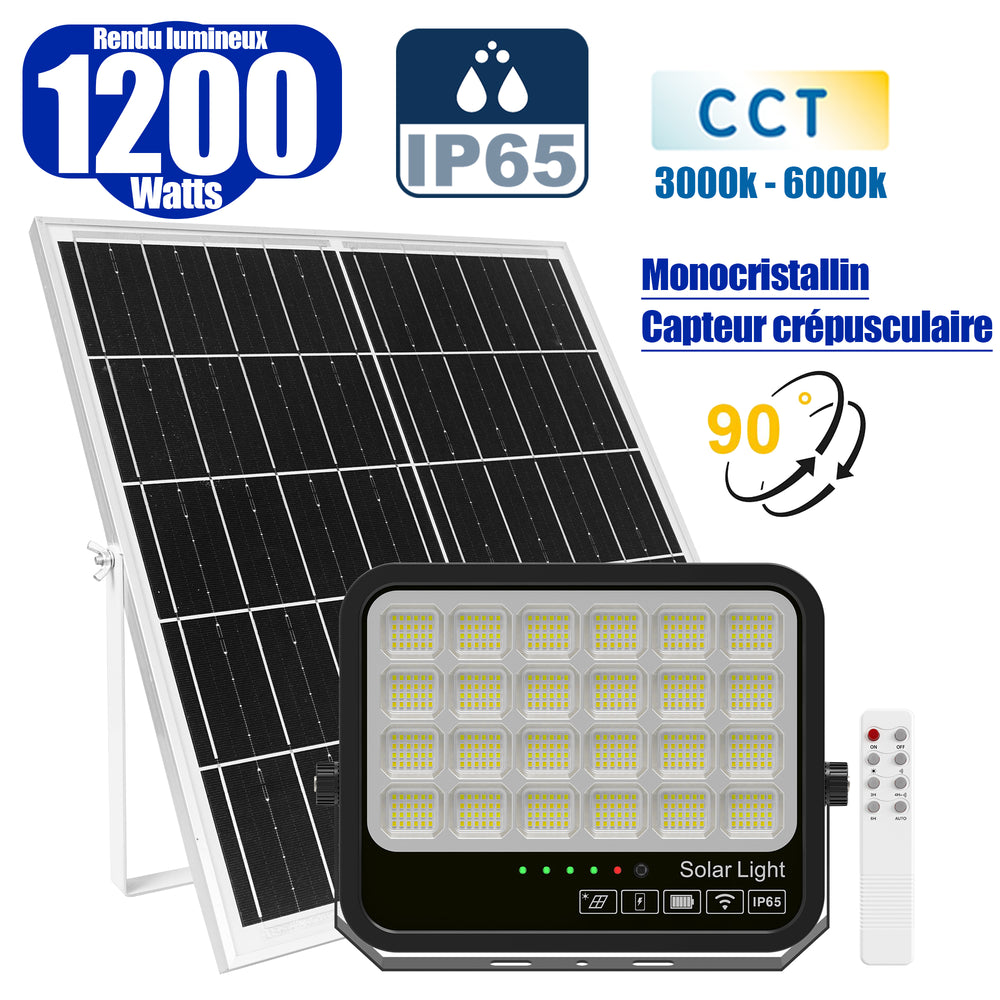 Projecteur LED solaire  Série AJUST V3 - CCT (Couleur Changeante en Température ) - Rendu lumineux 1200 Watts - 6300 Lumens - 90° - IP65 - Projecteur 35 x 26 x 5 cm - Panneau MONOCRISTALLIN 63 x 39 x 2 cm - Avec télécommande - Avec capteur crépusculaire