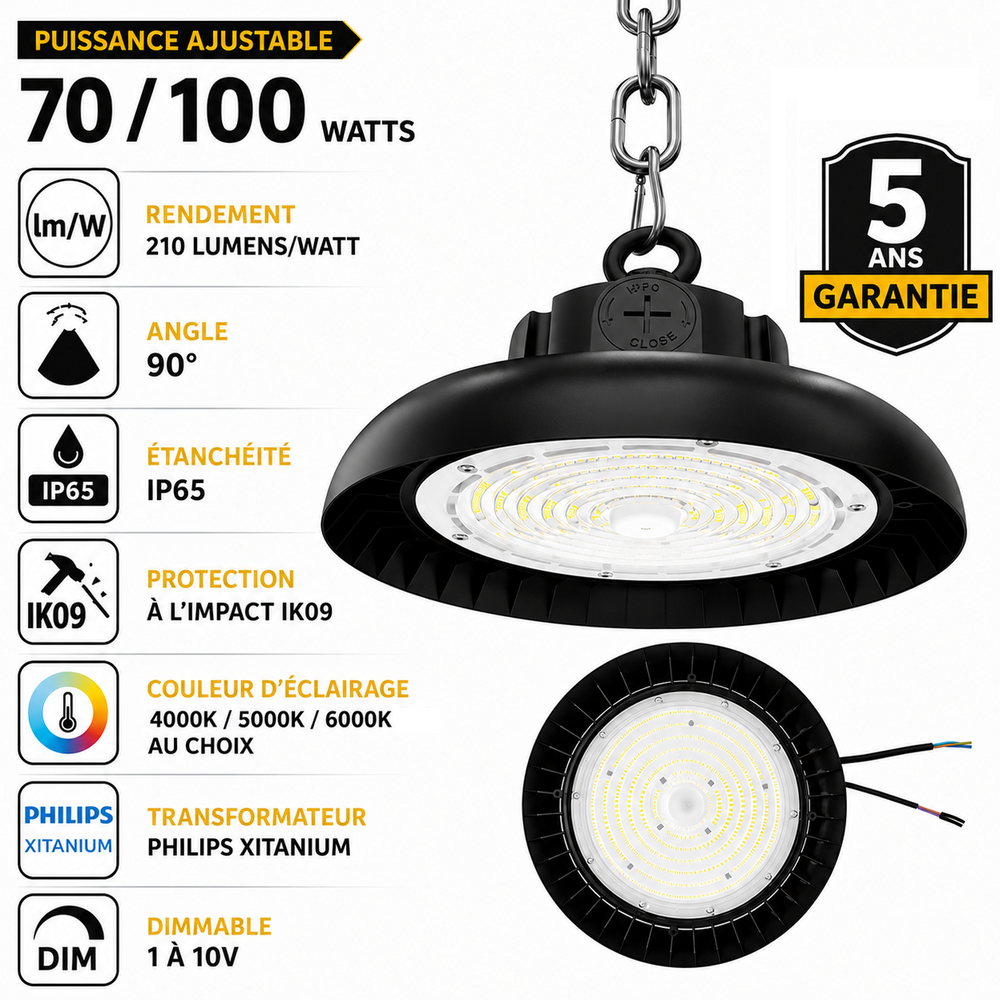Lampe industrielle UFO - Série AVENIR V2 - Puissance ajustable 70 / 100 Watts - 21 000 Lumens - 210 Lumens/Watt - Angle 90° - IP65 - IK09 - 255 x 110 mm - 4000k / 5000k / 6000k au choix - Dimmable 1-10V - Transformateur PHILIPS - Garantie 5 ans