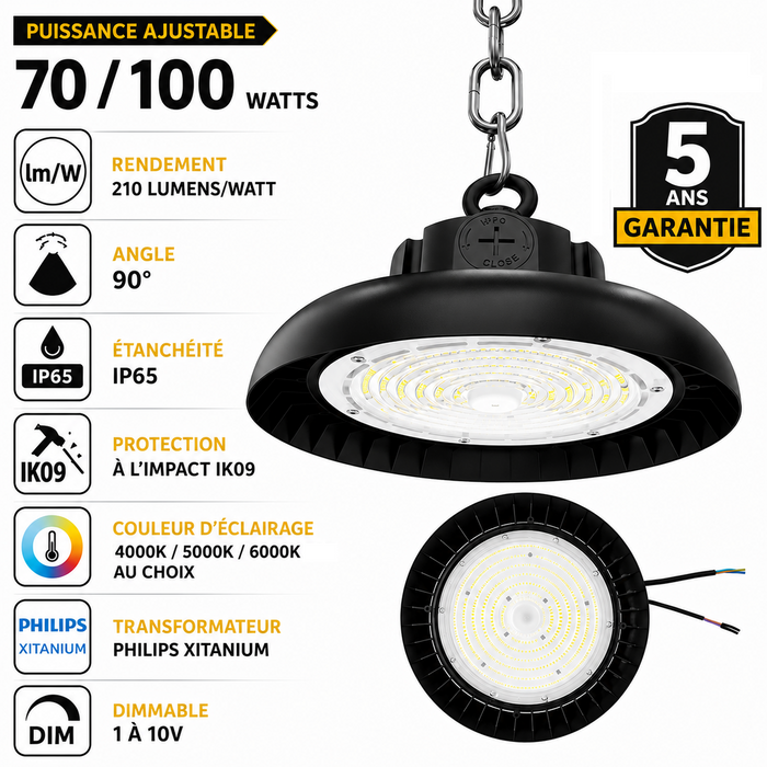 Lampe industrielle UFO - Série AVENIR V2 - Puissance ajustable 70 / 100 Watts - 21 000 Lumens - 210 Lumens/Watt - Angle 90° - IP65 - IK09 - 255 x 110 mm - 4000k / 5000k / 6000k au choix - Dimmable 1-10V - Transformateur PHILIPS - Garantie 5 ans