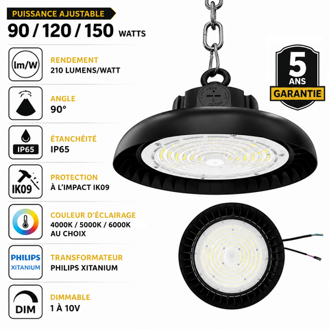 Lampe industrielle UFO - Série AVENIR V2 - Puissance ajustable 90/120/150 Watts - 31 500 Lumens - 210 Lumens/Watt - Angle 90° - IP65 - IK09 - 300 x 110 mm - 4000k / 5000k / 6000k au choix - Dimmable 1-10V - Transformateur PHILIPS - Garantie 5 ans