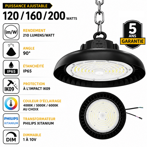 Lampe industrielle UFO - Série AVENIR V2 - Puissance ajustable 120 / 160 / 200 Watts  - 42 000 Lumens - 210 Lumens/Watt - Angle 90° - IP65 - IK09 - 340 x 110 mm - 4000k / 5000k / 6000k au choix - Dimmable 1-10V - Transformateur PHILIPS - Garantie 5 ans