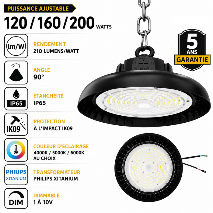 Lampe industrielle UFO - Série AVENIR V2 - Puissance ajustable 120 / 160 / 200 Watts  - 42 000 Lumens - 210 Lumens/Watt - Angle 90° - IP65 - IK09 - 340 x 110 mm - 4000k / 5000k / 6000k au choix - Dimmable 1-10V - Transformateur PHILIPS - Garantie 5 ans