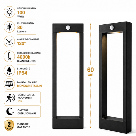 Balise / Borne solaire LED - Série BALIZ ALU 60CM - Rendu lumineux 100 Watts - 80 Lumens - Angle 120° - IP54 - 60 x 16 x 5 cm - Avec capteur crépusculaire - Avec détecteur de mouvement PIR - Panneau MONOCRISTALLIN - 4000K