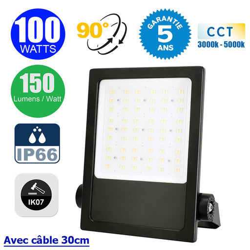 Projecteur LED filaire - CITY PLUS V3 - 100 Watts - CCT 3000k/4000k/5000k - 15 000 Lumens - 150 Lumens/Watt - Angle 90° - IP66 - Protection à l'impact IK07 - 36 x 25 x 6 cm - Structure en ALUMINIUM - Câble 30cm - Garantie 5 ans