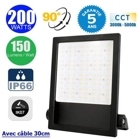 Projecteur LED filaire - CITY PLUS V3 - 200 Watts - CCT 3000k/4000k/5000k - 30 000 Lumens - 150 Lumens/Watt - Angle 90° - IP66 - Protection à l'impact IK07 - 41 x 29 x 6 cm - Structure en ALUMINIUM - Câble 30cm - Garantie 5 ans