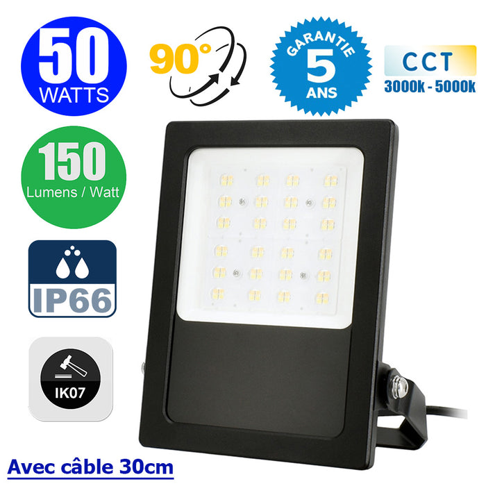 Projecteur LED filaire - CITY PLUS V3 - 50 Watts - CCT 3000k/4000k/5000k - 7500 Lumens - 150 Lumens/Watt - Angle 90° - IP66 - Protection à l'impact IK07 - 28 x 20 x 5 cm - Structure en ALUMINIUM - Câble 30cm - Garantie 5 ans